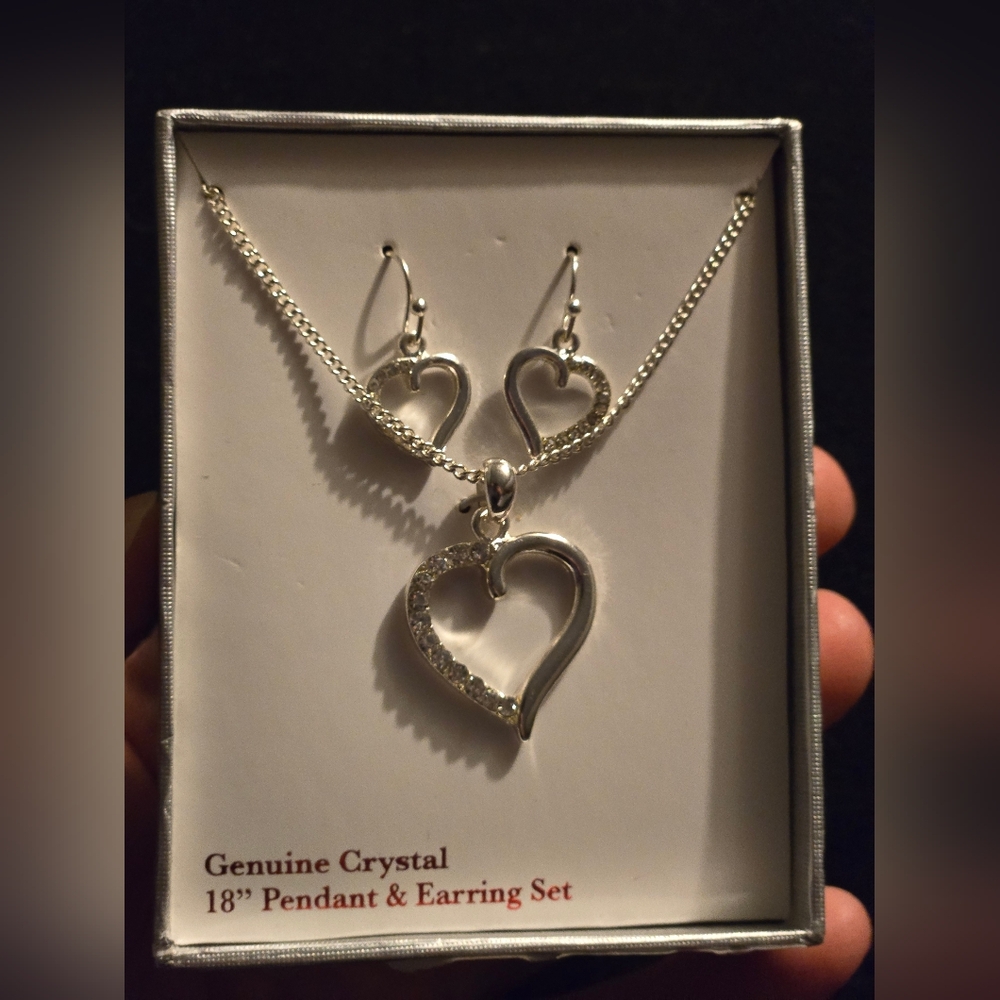 Heart crystal necklace, earrings set, 18 inch length